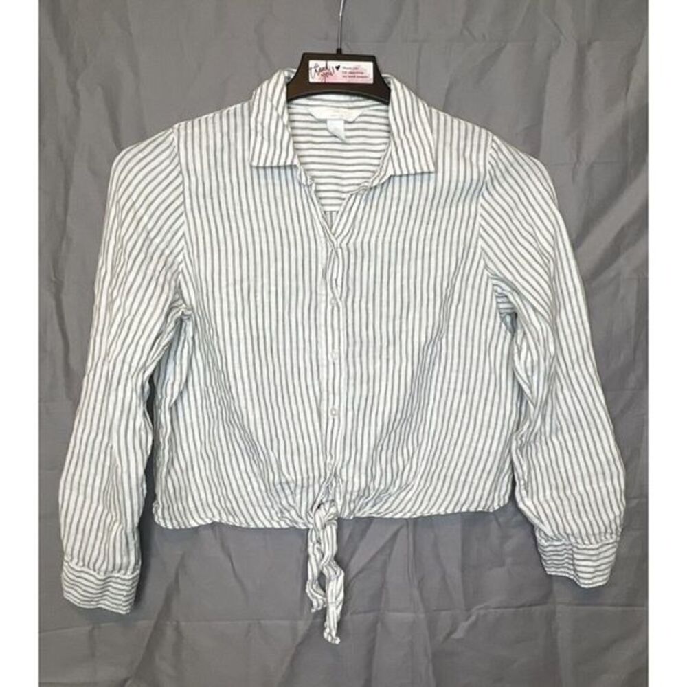 H&M Linen Women's Size S Crop Button Front & Tie Long Sleeves Green/White Stripe